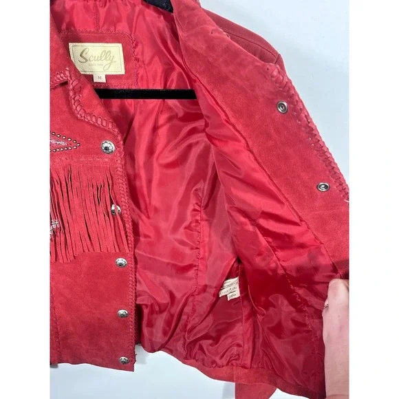 Scully Red Suede Leather Jacket Fringe Concho Beaded Medium Womens Western Wear - Picture 13 of 16
